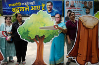 | Photo: PTI/Atul Yadav : AAP protest over cutting of trees in Delhi